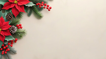 Minimalist Christmas background with red poinsettia, pinecone and pine branch border on beige textured surface.