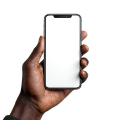 Dark-skinned hand holding black smartphone png mobile png device png screen png app png technology png communication png touch png call png transparent background image