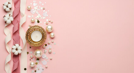 Minimalist New Year flatlay with pink pastel background and soft festive elements