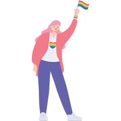 Person with Pink Hair Holds Rainbow Flag Above Head Wearing Heart Shirt and Purple Pants Isolated on White Background