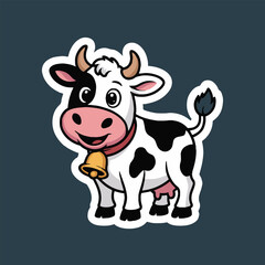 A cartoon cow with black and white spots and a bell around its neck standing on a dark background