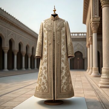 Ornate golden embroidered sherwani displayed outdoors in architectural setting
