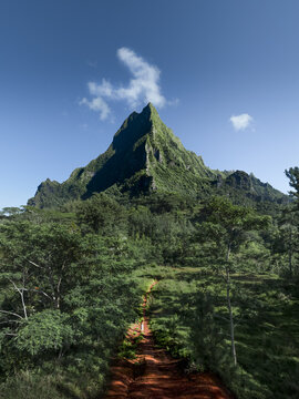 Aerial view of a dirt path winding through verdant trees towards the majestic, rugged peak of Mou'a Puta, Moorea, French Polynesia.