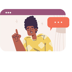 Person with curly hair wearing a yellow shirt with cream colored blobs pointing upwards with index finger in a browser window with speech bubble above head