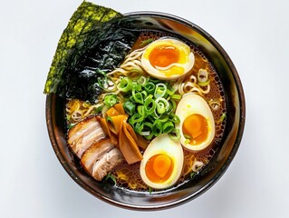 A bowl of Japanese ramen topped with a soft-boiled egg, sliced beef.