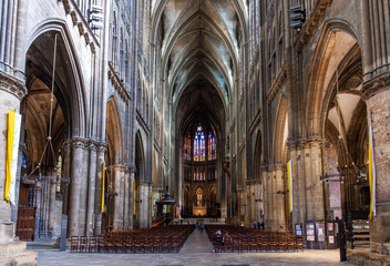 Metz, France - September 5, 2025: General view of the nave and choir of Saint Stephen cathedral of gothic style, achieved in 1552 and listed historical monument since 1930.