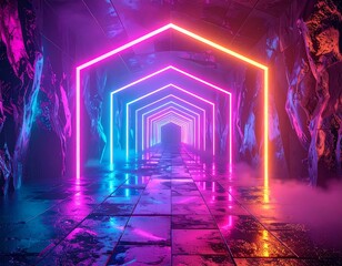 A neon-lit tunnel with geometric shapes reflecting on the floor