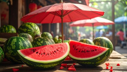 Juicy watermelon slices under a red umbrella at a vibrant outdoor market