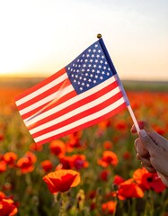Hand holding small American flag in field of red poppies at sunset