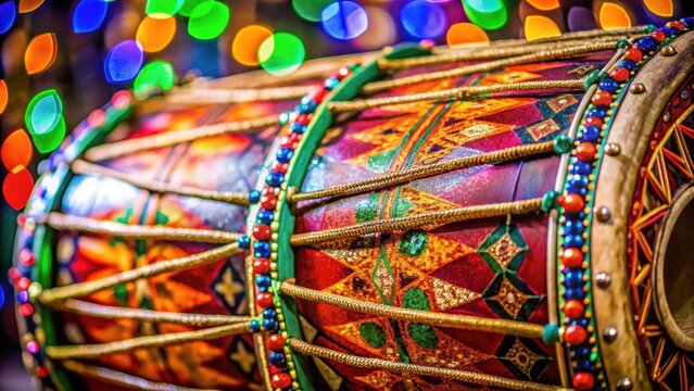 Close-up of traditional Indian dhol drum with vibrant colors and soft lighting