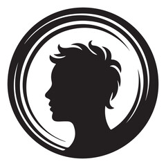 Male teen side profile silhouette with bold concentric ring frame, clean round avatar badge for branding, labels, and social media in modern monochrome vector