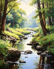 A sunlit forest scene with a gentle stream meandering through