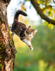 Kitten leaping from a tree trunk, captured against a blurred, green backdrop