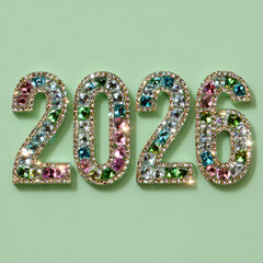 Number 2026 made of diamonds on light green background