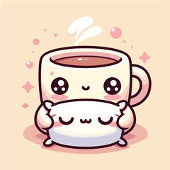 Kawaii Coffee with Pillow – Cute Cozy Drink Vector Illustration