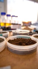 Laboratory setup showing several soil samples in petri dishes