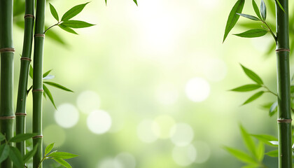 Green Bamboo Stems and Leaves on Soft Light Background
