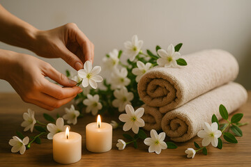 Stacked spa towels beside a lit candle and a bowl of water with white flowers