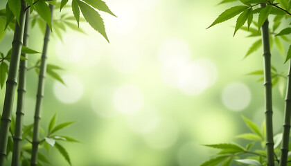 Green Bamboo Stems and Leaves on Soft Light Background