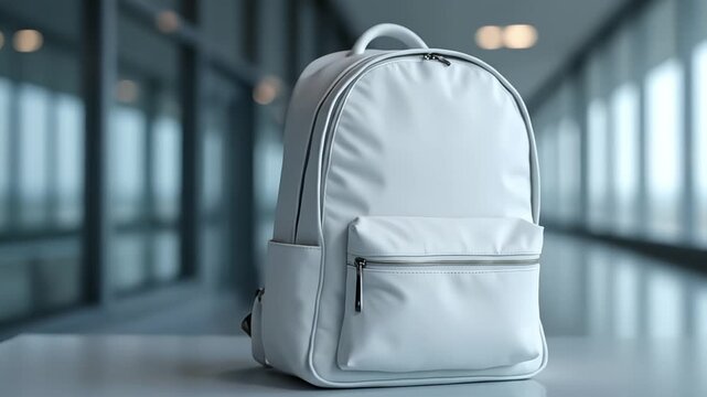A clean white minimalist backpack stands upright in a brightly lit modern interior.