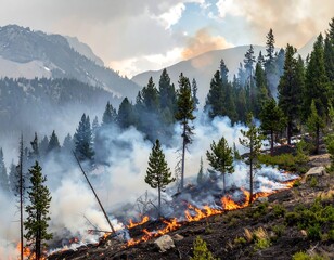 Landscape of a forest fire with smoke rising into the mountain sky