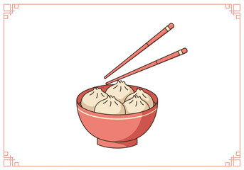 Bowl of Dumplings with Chopsticks: Asian Cuisine Illustration.