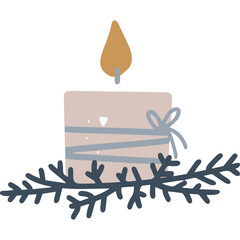 Hand Drawn Style Lit Candle Tied With Ribbon On Pine Branch With Transparent Background
