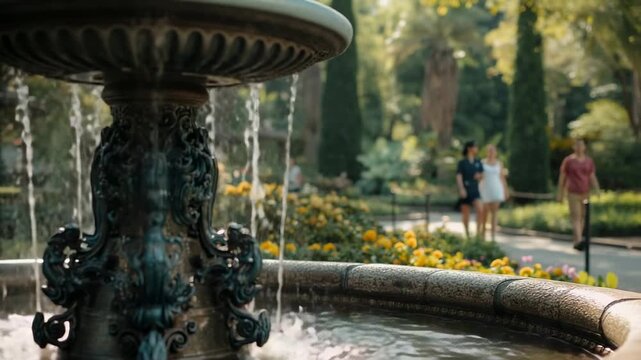 Panning camera revealing two-tier fountain and trough in public park while three friends strolling
