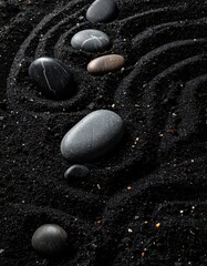 Close-up of dark, smooth stones arranged on black sand patterns