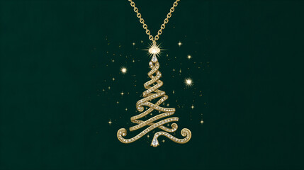  Christmas tree made of gold chain with diamonds on dark green background