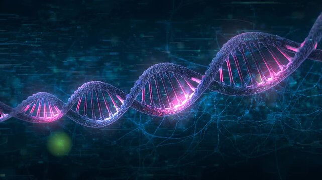 Starting DNA helix gliding and rotating revealing structure over neon-blue grid with data particles
