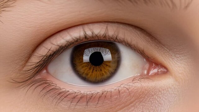 Reacting to light change, brown eye shifting pupil in studio, with rectangular light reflection