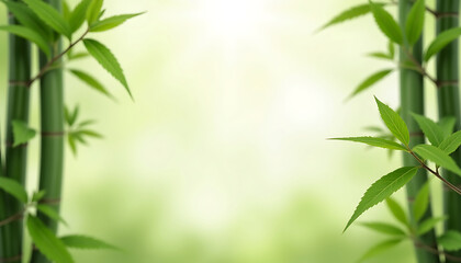 Green Bamboo Stems and Leaves on Soft Light Background