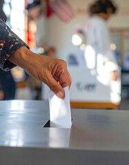 Hand putting ballot into a voting box, blurred figures in background