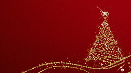 Golden chain Christmas tree with diamonds on red background