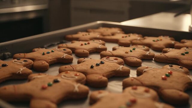 Camera shifting focus from middle to front gingerbread men on tray in kitchen, with oven edges