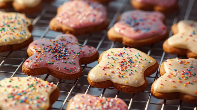 Camera panning rack of iced flower and star cookies on kitchen counter revealing glossy sprinkles