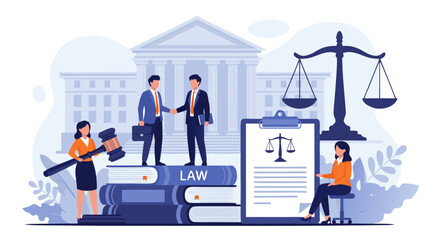 Legal Agreement Illustration Justice, Law, and Partnership in a Court Setting