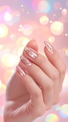 Hand with glossy nails against blurred, colorful background