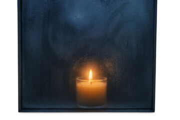 All Saints Day Candle Glow Behind Frosted Window
