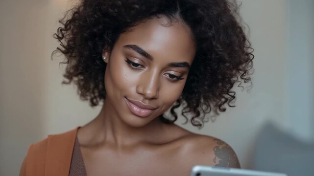 Raising eyes from tablet, woman smiling while focusing on content on couch cushion in living room