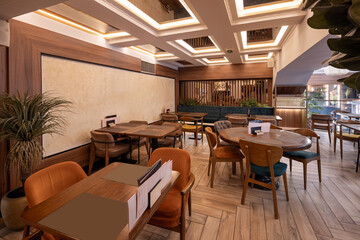 Warm and inviting café interior with wooden textures and decorative shelves