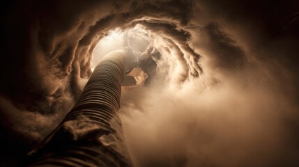 Abstract image of a cylindrical structure emerging from swirling mist