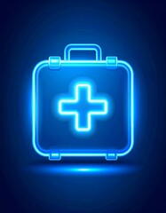 Obraz premium Illuminated first aid kit icon on a deep blue gradient background