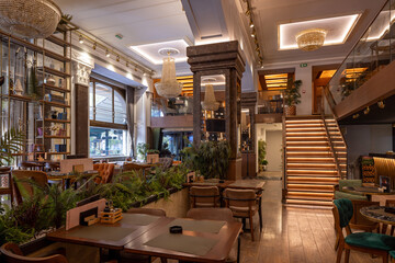 Elegant dining space with classic architectural elements and modern furnishings