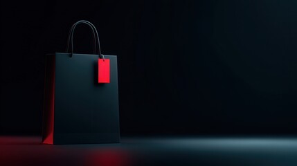 Black shopping bag with red tag attached to handle on black background