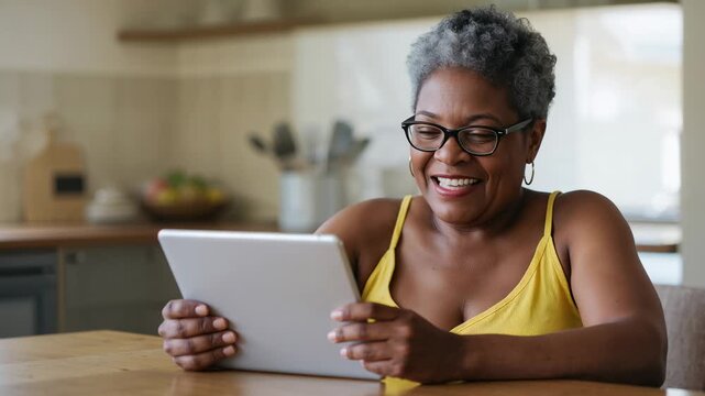 Picking up white tablet woman in yellow sleeveless top angling, scrolling messages at kitchen table