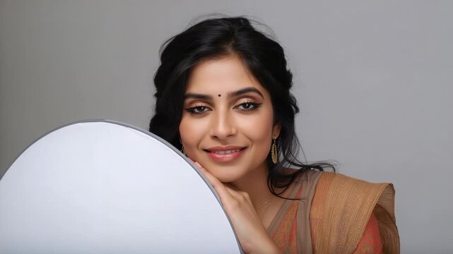 Leaning Indian model resting head on reflector in studio session, wearing saree, earrings and bindi