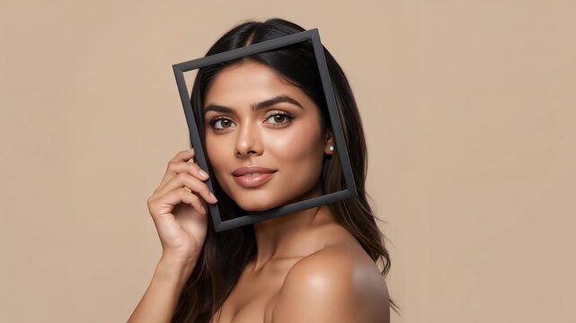 Holding black square frame, strapless top model tilting it along jawline in studio, showing neck