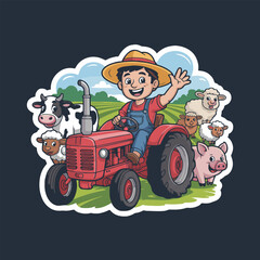 Cartoon farmer on a red tractor with farm animals in a field waving his hand happily sticker
